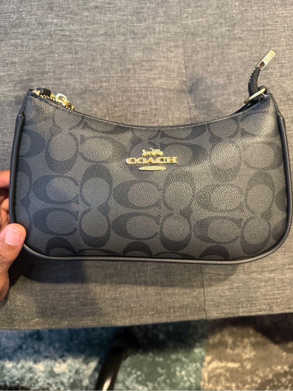 Coach Black and Dark Gray Signature Crescent Shoulder Bag